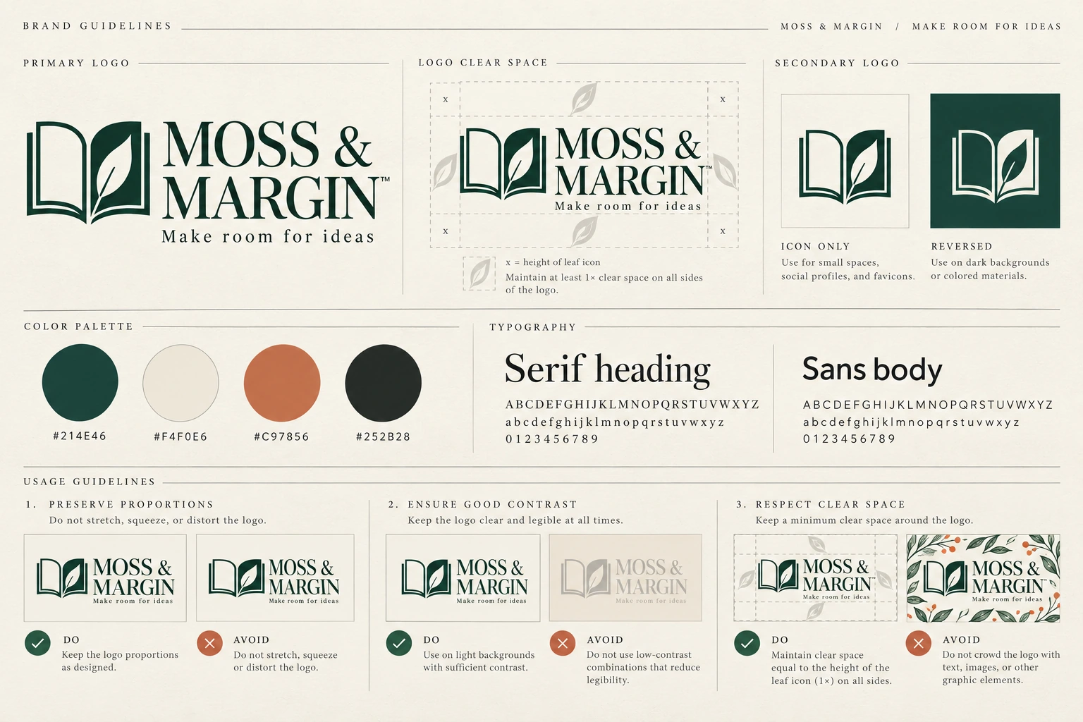 Codex-generated MOSS & MARGIN brand concept board on an ivory background, with primary and secondary notebook-and-leaf marks, clear-space guidance, four labeled color targets, typography directions, and usage comparisons.