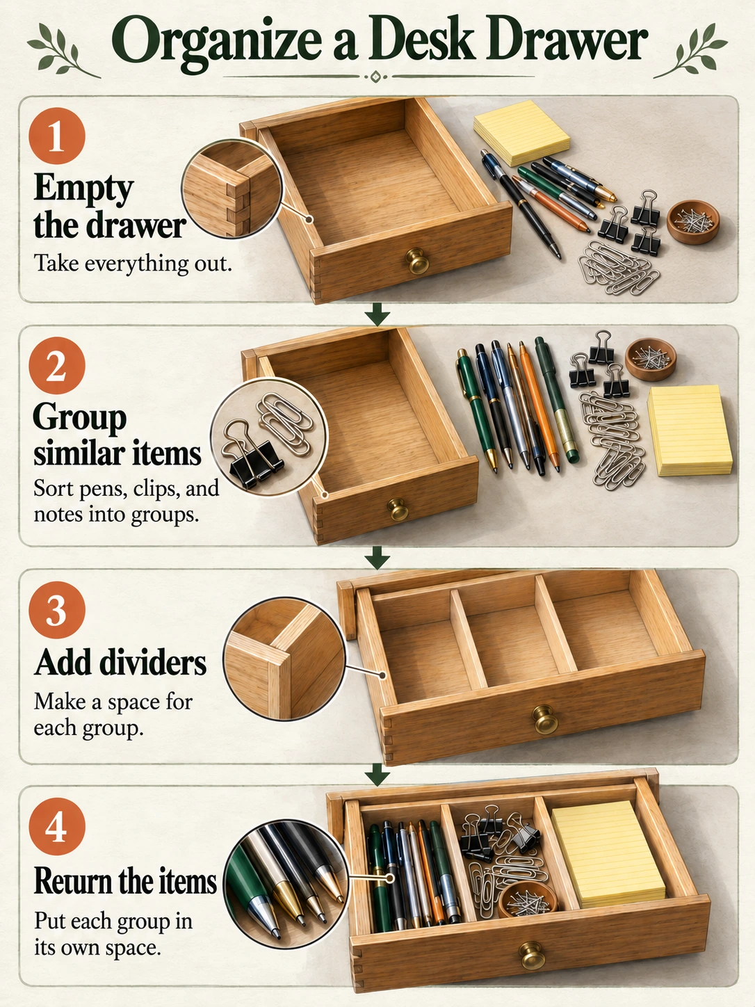 Codex-generated four-step drawer-organizing infographic showing an emptied drawer, three groups of stationery, an empty divided drawer, and the items returned to their spaces. Three downward arrows connect the cards; the full instructions follow below.