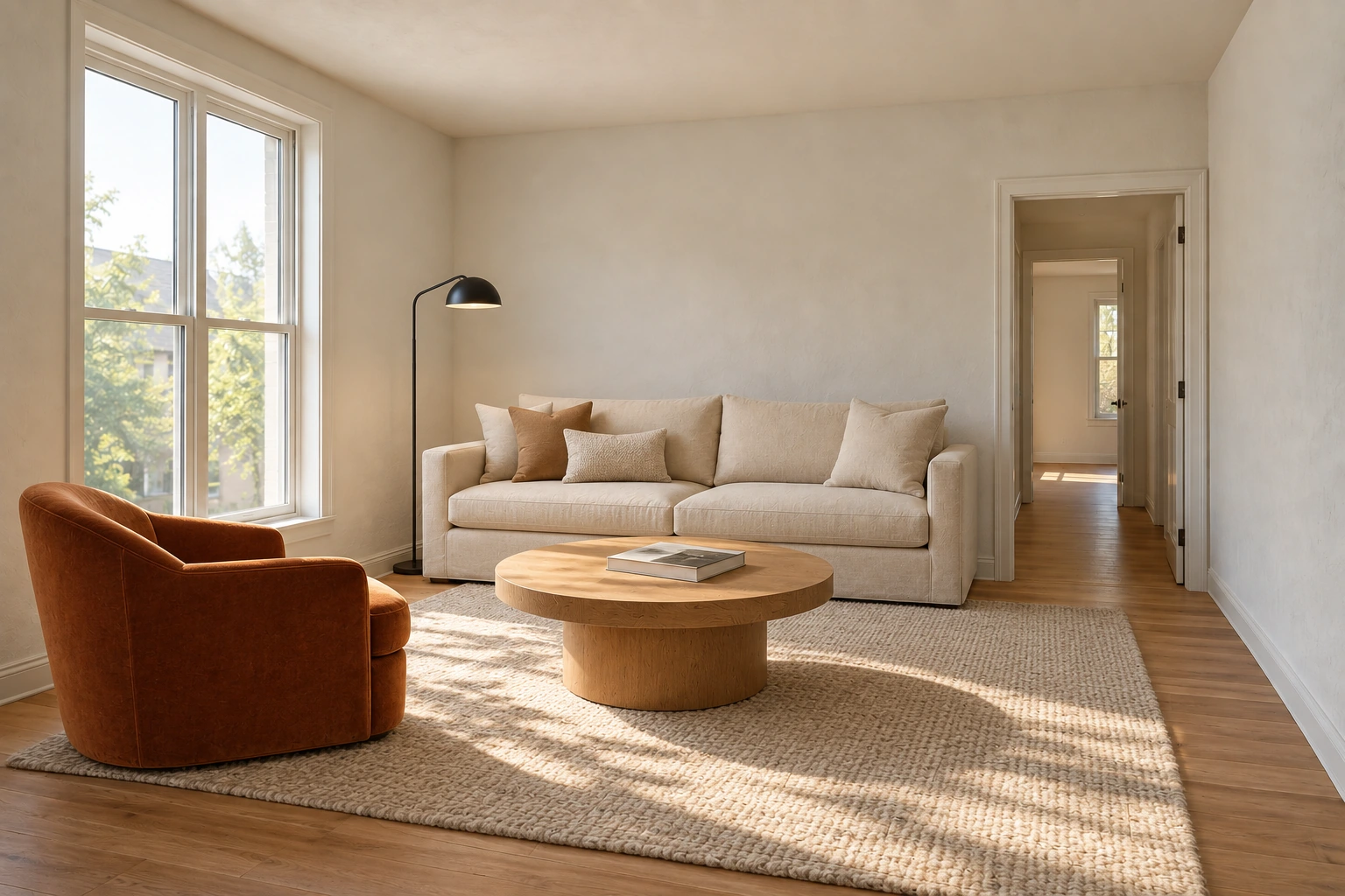 Codex-generated furnished room concept with an oatmeal sofa left of the back-wall doorway, a black lamp beside the sofa, a rust armchair in the left foreground, and a round oak table over a beige rug, leaving the right-hand route open.