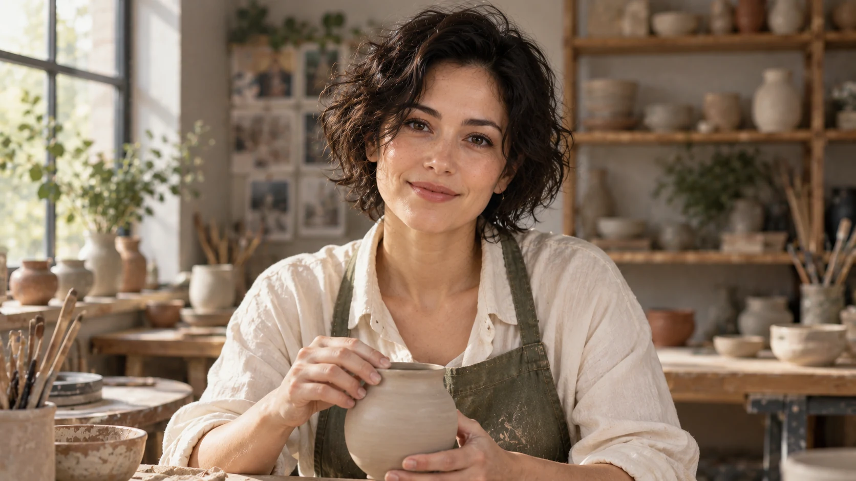 A fictional adult woman with short dark curls, wearing an ivory shirt and moss-green apron, holding a small unglazed pot at a wooden worktable in a softly lit pottery studio.